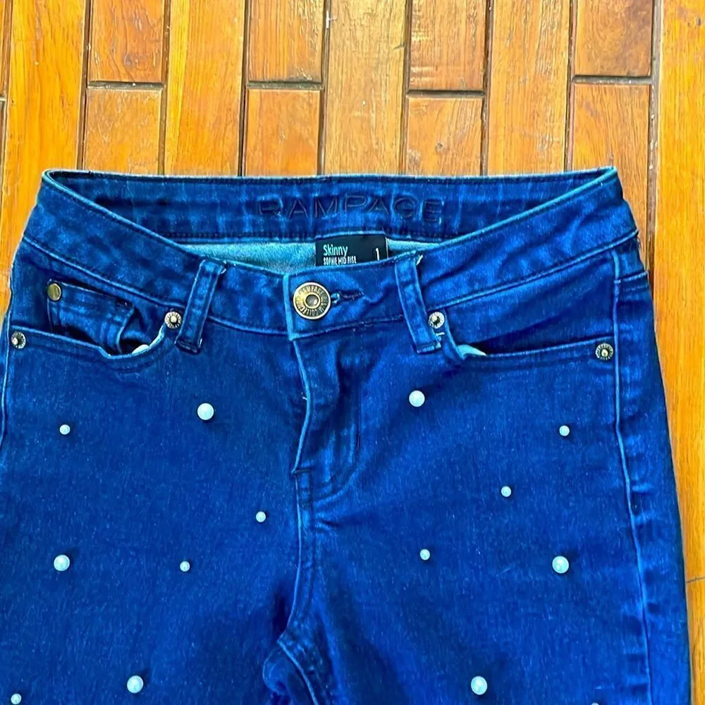Rampage Dark Wash Skinny Jeans Pearl Embellished size 1